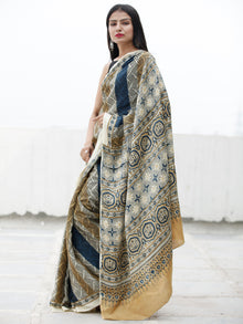 Beige Indigo Brown Black Ajrakh Hand Block Printed Modal Silk Saree in Natural Colors - S031703709