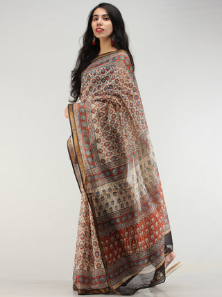 Beige Rust Indigo Hand Block Printed Kota Doria Saree In Natural Colors - S031704568