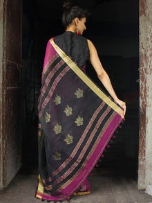 Purple Golden Black Handwoven Linen Jamdani Saree With Zari Border & Tassels - S031704014