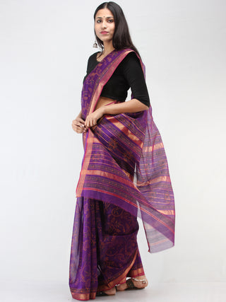 Purple Pink Hand Block Printed Maheshwari Silk Saree With Zari Border - S031704469