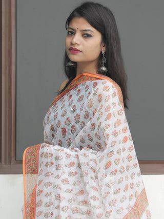 White Orange Hand Block Printed Kota Doria Saree  - S031704110