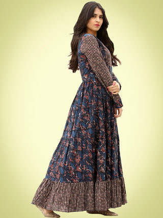 Nuzrat - Indigo Brown Black Hand Block Printed Cotton Long Tier Dress - D135F1358
