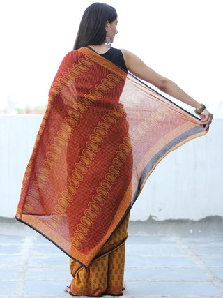 Mustard Black Rust Bagh Hand Block Printed Cotton Saree - S031703887