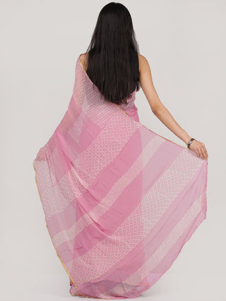 Pink OffWhite Hand Block Printed Chiffon Saree With Zari Border - S031704698