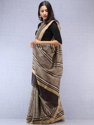 Ivory Black Chanderi Hand Block Printed Saree With Geecha Border - S031704495
