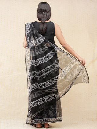Black & White Hand Block Printed Kota Doria Saree  - s031704166