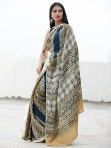 Beige Indigo Brown Black Ajrakh Hand Block Printed Modal Silk Saree in Natural Colors - S031703709