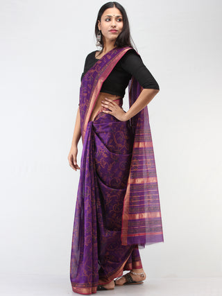 Purple Pink Hand Block Printed Maheshwari Silk Saree With Zari Border - S031704469