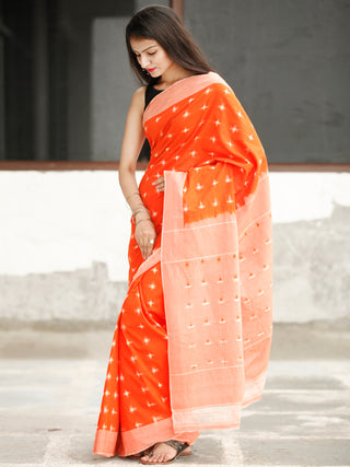 Orange White Green Ikat Handwoven Cotton Saree - S031704041