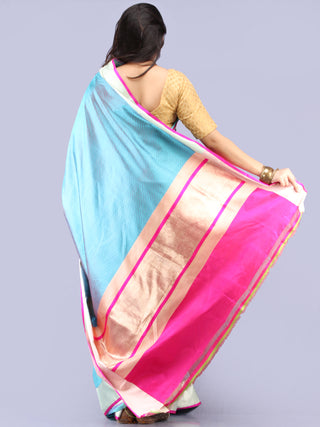Banarasee Pure Katan Silk Handloom Saree With Zari Work - Turquoise Blue & Silver - S031704305