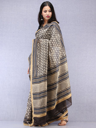 Ivory Black Indigo Hand Block Printed Chanderi Saree With Geecha Border - S031704523