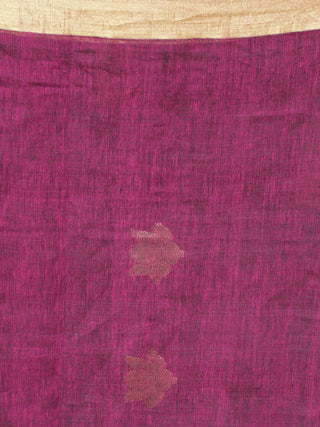 Purple Golden Black Handwoven Linen Jamdani Saree With Zari Border & Tassels - S031704014