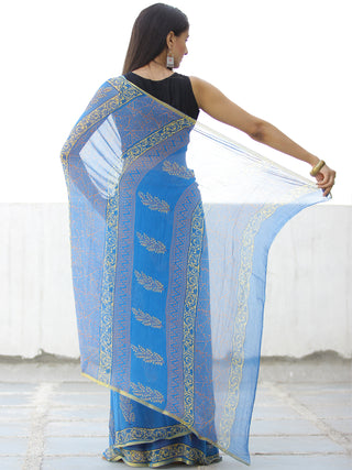 Blue Mustard Hand Block Printed Chiffon Saree with Zari Border - S031703967