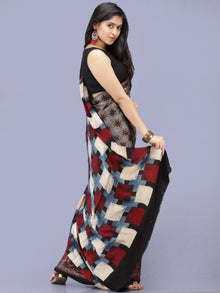 Black Maroon Ivory Indigo Ajrakh Hand Block Printed Modal Silk Saree - S031704189