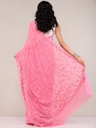 Pink Aari Embroidered Georgette Saree From Kashmir - S031704639