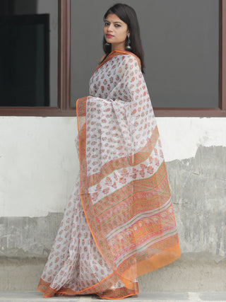 White Orange Hand Block Printed Kota Doria Saree  - S031704110