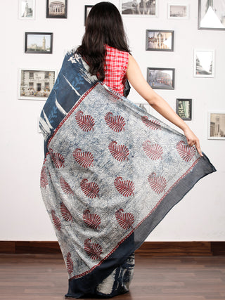 Deep Indigo Ivory Hand Block Printed & Hand Brush Painted Cotton Mul Saree - S031703174