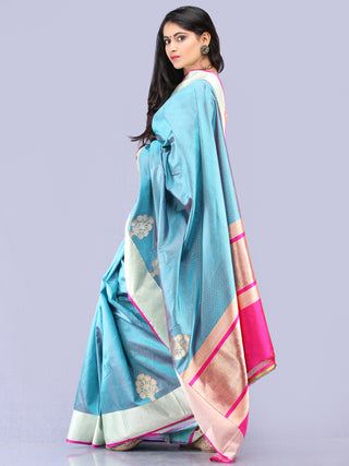 Banarasee Pure Katan Silk Handloom Saree With Zari Work - Turquoise Blue & Silver - S031704305