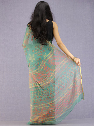 Turquoise Coral Yellow Hand Block Printed Chiffon Saree with Zari Border - S031704599