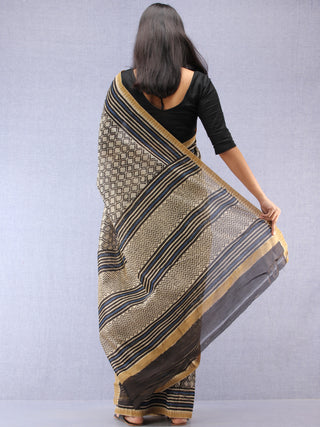 Ivory Black Indigo Hand Block Printed Chanderi Saree With Geecha Border - S031704523