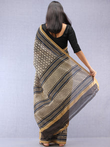 Ivory Black Indigo Hand Block Printed Chanderi Saree With Geecha Border - S031704523