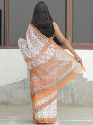 White Orange Hand Block Printed Kota Doria Saree  - S031704110