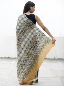 Beige Indigo Brown Black Ajrakh Hand Block Printed Modal Silk Saree in Natural Colors - S031703709