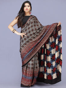 Black Maroon Ivory Indigo Ajrakh Hand Block Printed Modal Silk Saree - S031704189