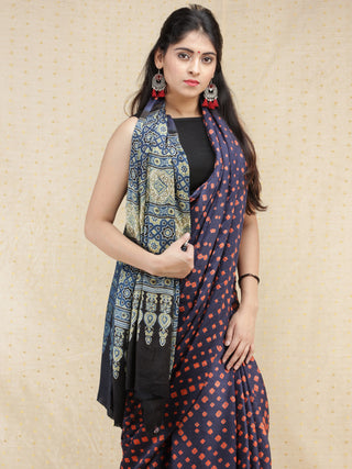 Purple Pink Indigo Bandhej Modal Silk Saree With Ajrakh Printed Pallu & Blouse - s031704146