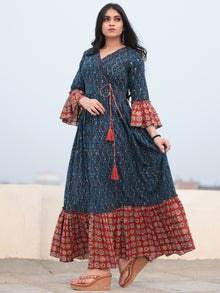 Indigo Red Hand Block Printed Angrakha Style Cotton Long Dress D464F2142