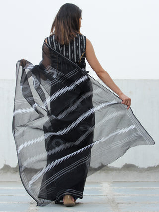 Black & White Hand Block Printed Kota Doria Saree  - S031704083