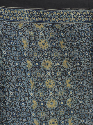 Black Indigo Olive Green Ajrakh Hand Block Printed Modal Silk Saree - S031704129