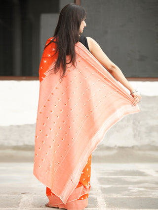 Orange White Green Ikat Handwoven Cotton Saree - S031704041