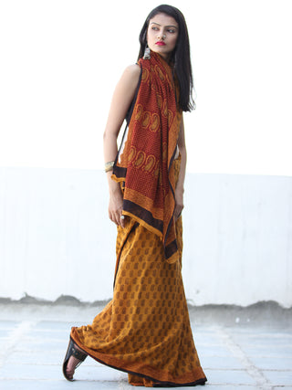Mustard Black Rust Bagh Hand Block Printed Cotton Saree - S031703887