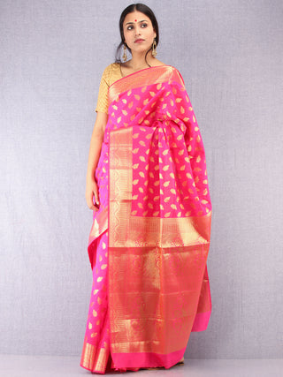Banarasee Semi Silk Saree With Zari Work - Hot Pink & Gold - S031704370