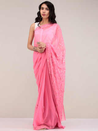 Pink Aari Embroidered Georgette Saree From Kashmir - S031704639