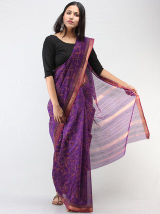 Purple Pink Hand Block Printed Maheshwari Silk Saree With Zari Border - S031704469
