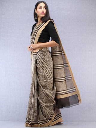 Ivory Black Chanderi Hand Block Printed Saree With Geecha Border - S031704495