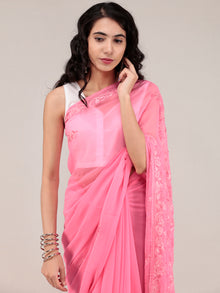 Pink Aari Embroidered Georgette Saree From Kashmir - S031704639