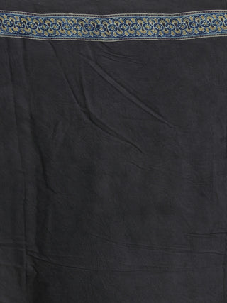 Black Indigo Olive Green Ajrakh Hand Block Printed Modal Silk Saree - S031704129