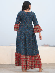 Indigo Red Hand Block Printed Angrakha Style Cotton Long Dress D464F2142
