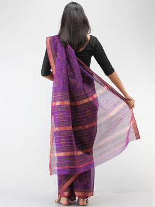 Purple Pink Hand Block Printed Maheshwari Silk Saree With Zari Border - S031704469