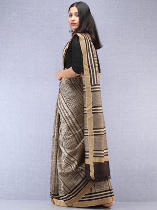 Ivory Black Chanderi Hand Block Printed Saree With Geecha Border - S031704495