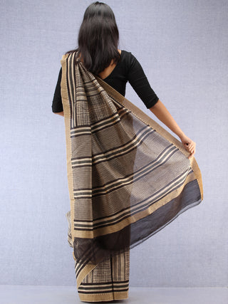Ivory Black Chanderi Hand Block Printed Saree With Geecha Border - S031704495