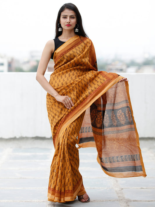 Rust Orange Maroon Black Bagh Hand Block Printed Maheswari SilkSaree With Resham Border - S031703841
