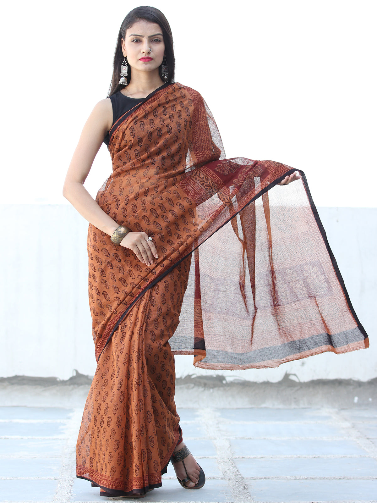 Rust Black Red Bagh Hand Block Printed Kota Doria Saree - S031703888