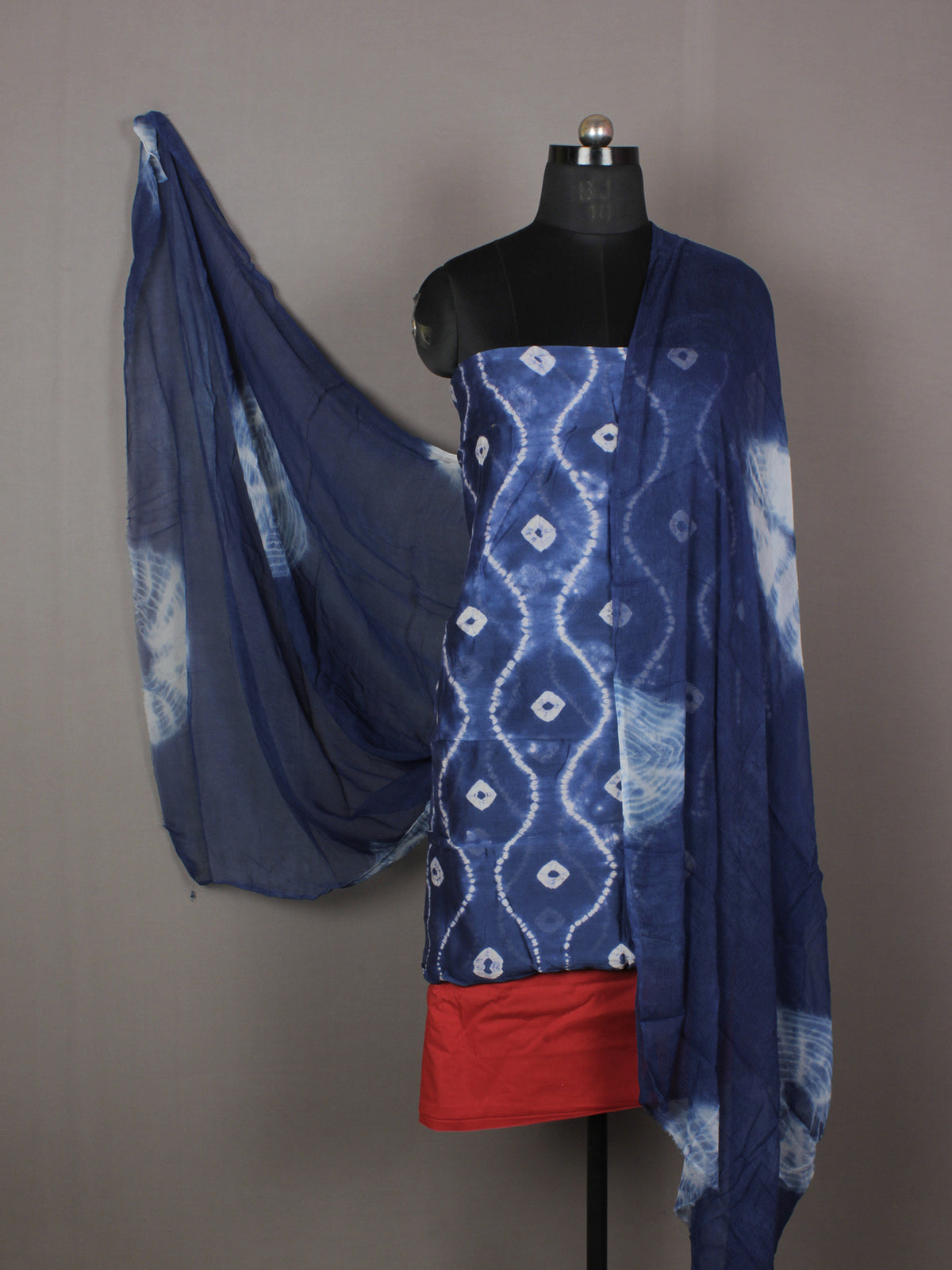 Indigo Ivory Maroon Hand Shibori Dyed Chanderi Kurta & Chiffon Dupatta With Cotton Salwar Fabric Set of 3- S1628205