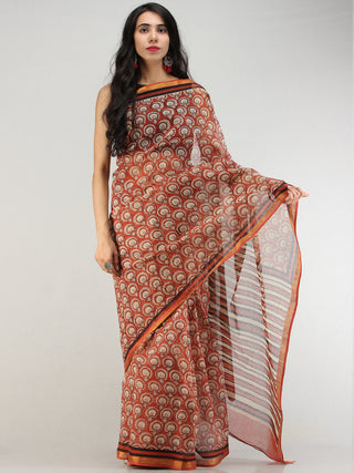 Rust Beige Black Hand Block Printed Kota Doria Saree With Zari Border - S031704569