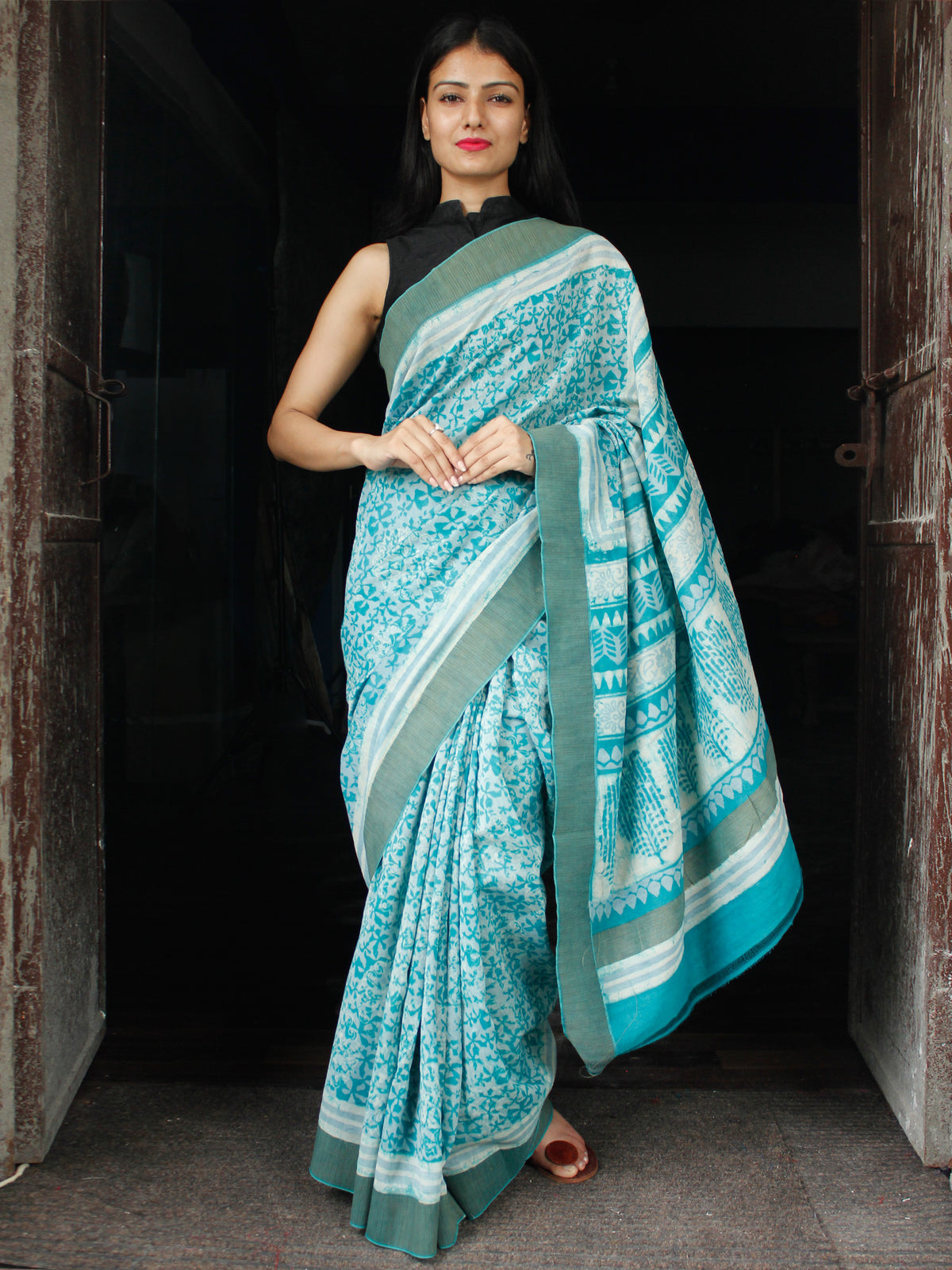 Blue White Chanderi Silk Hand Block Printed Saree With Geecha Border - S031703997