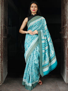 Blue White Chanderi Silk Hand Block Printed Saree With Geecha Border - S031703997